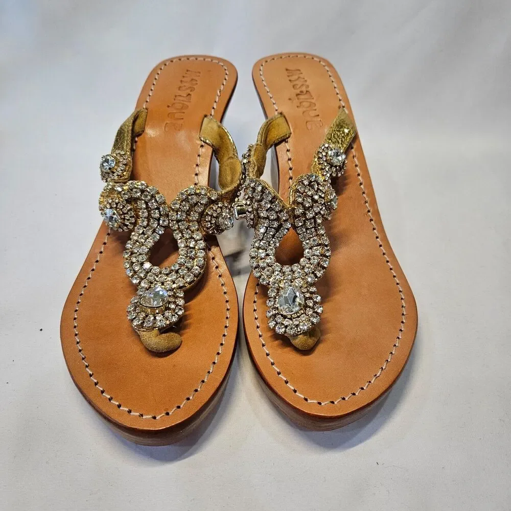 Mystique Womens Leather Crystal Sequin Jewel Wedge Thong Sandals 7 Embellished